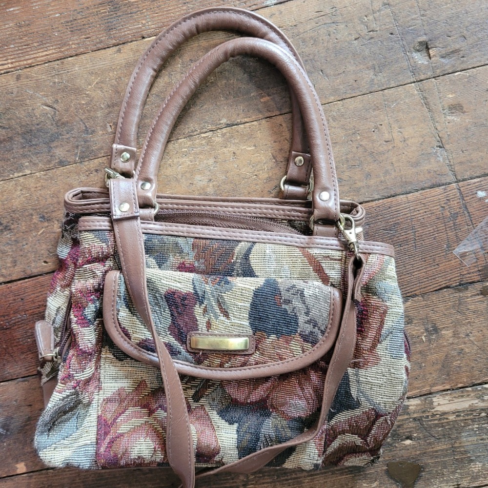 Vintage Floral Tapestry Satchel Handbag Crossbody Bag Brown Faux Leather Trim